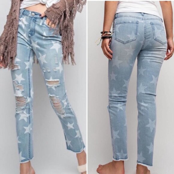 Easel Star Print Distressed Denim Jeans Size Small - Picture 1 of 9
